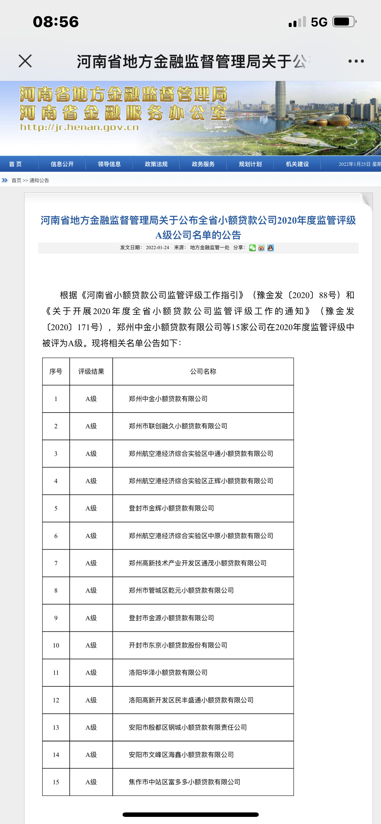 2022.1.24乾元小贷在全省小额贷款公司2020年度监管评级活动中，被评为“A级”.png